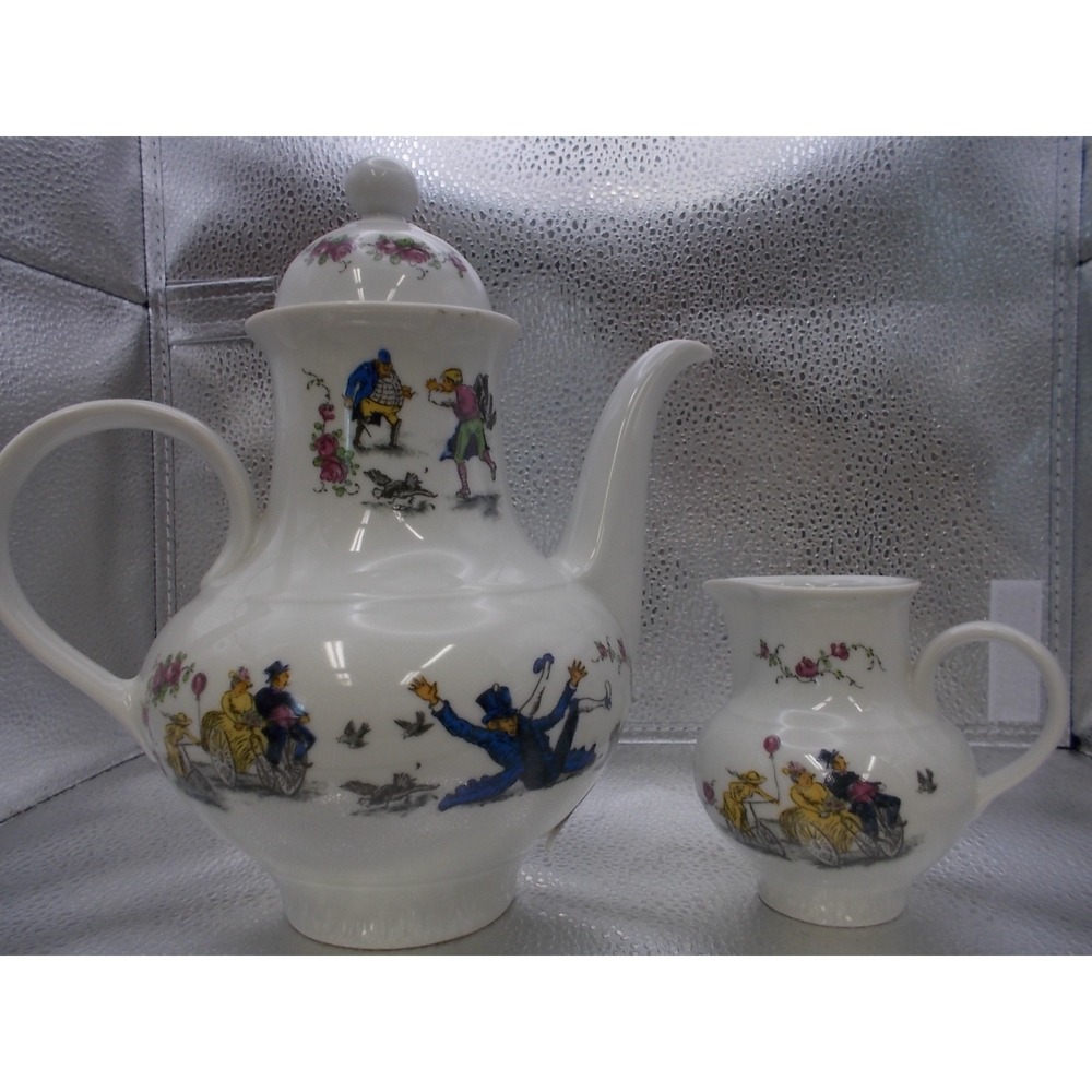 JLmenau Graf von Henneberg Porcelain Coffee Pot and Creamer Set Victorian Scene